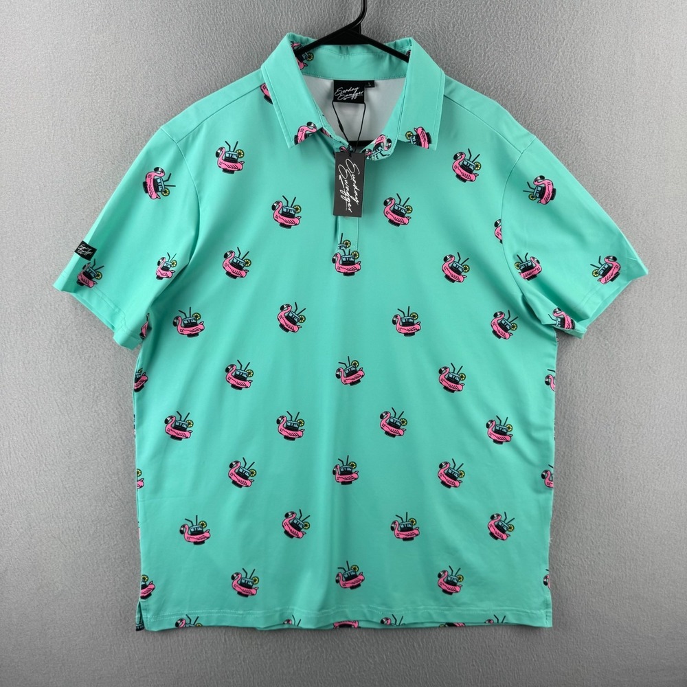 Sunday Swagger Shirt Mens Large Blue Golf Stretch Polo Flamingo Cocktail